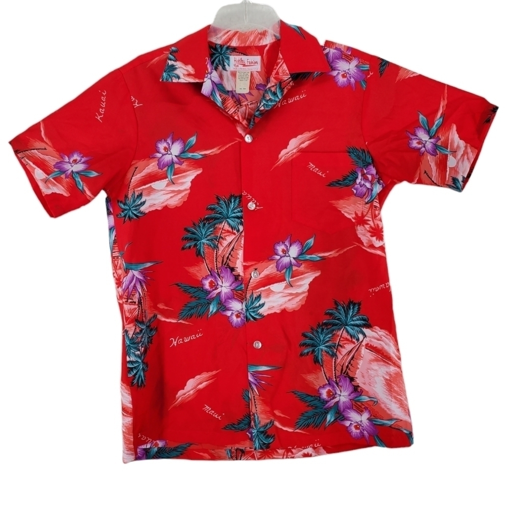 Vintage 80s Hukilau Fashions Hawaiian Floral Shirt Mens S Red Hibiscus Aloha USA